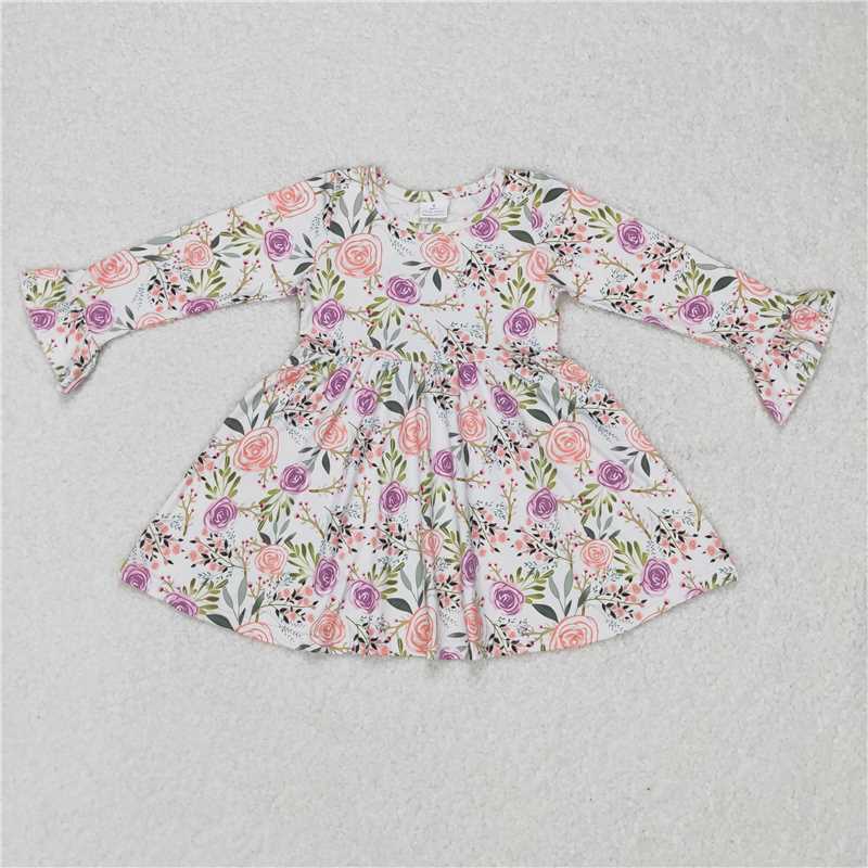 9.25 RTS NO MOQ（In stock）G6-16-5 Baby Girls Winter Dress White long-sleeved dress with pink and purple flowers and leaves