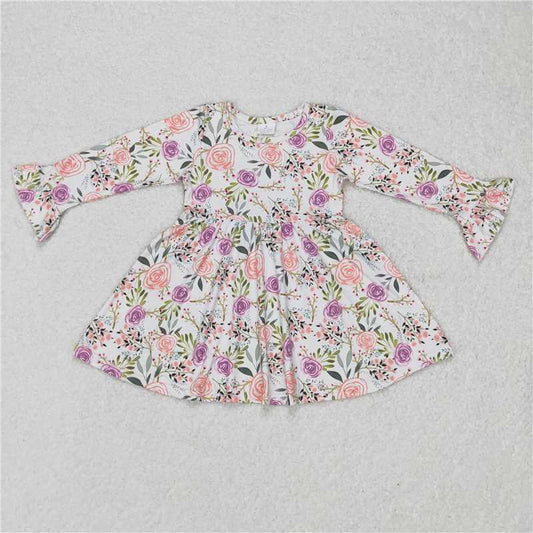 9.25 RTS NO MOQ（In stock）G6-16-5 Baby Girls Winter Dress White long-sleeved dress with pink and purple flowers and leaves
