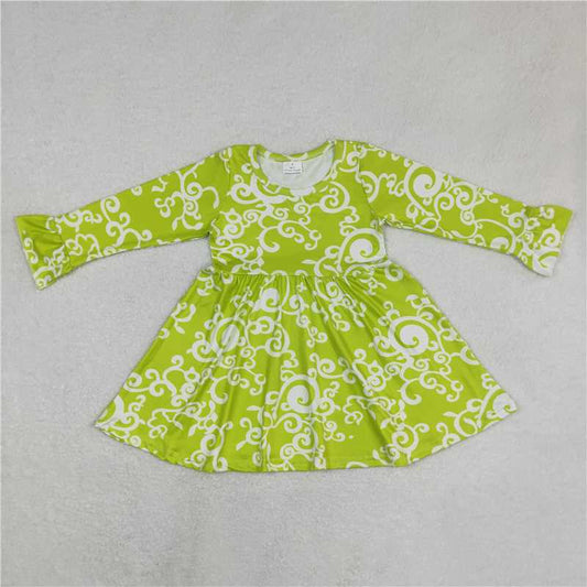9.18 RTS NO MOQ（In stock）G6-16-5] Baby Girls Winter Dress Baby Girls White pattern green long-sleeved dress