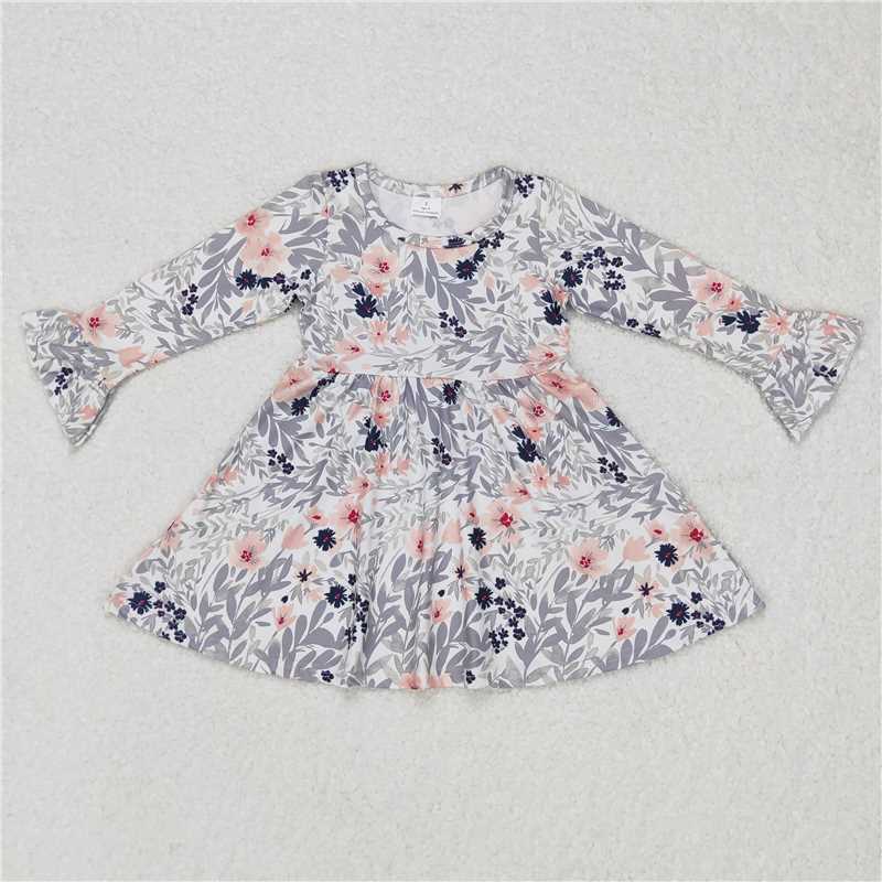 9.17 RTS NO MOQ（In stock）G6-16-4 Baby Girls Winter Dress Baby Girls Black pink floral gray leaf long sleeve dress