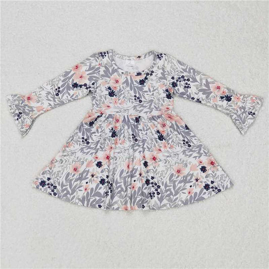 9.17 RTS NO MOQ（In stock）G6-16-4 Baby Girls Winter Dress Baby Girls Black pink floral gray leaf long sleeve dress