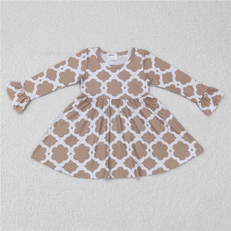 9.18 RTS NO MOQ（In stock）G6-16-2, Baby Girls Winter Dress White pattern khaki long-sleeved dress