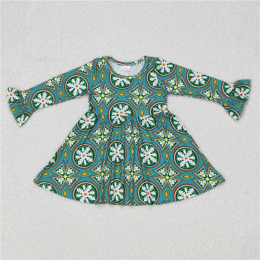 9.17 RTS NO MOQ（In stock）G6-16-1, Baby Girls Winter Dress Baby Girls Circle Snowflake Blue Long Sleeve Dress