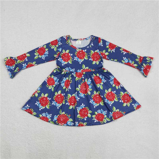 9.17 RTS NO MOQ（In stock）G6-16, Baby Girls Winter Dress Baby Girls Red and blue long-sleeved dress with green leaves and flowers