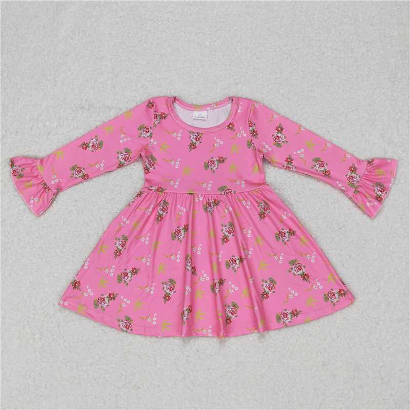 9.16 RTS NO MOQ （In stock）G6-16; Baby Girls Winter Dress Baby Girls White flowers green leaves pink knee-length Dresses