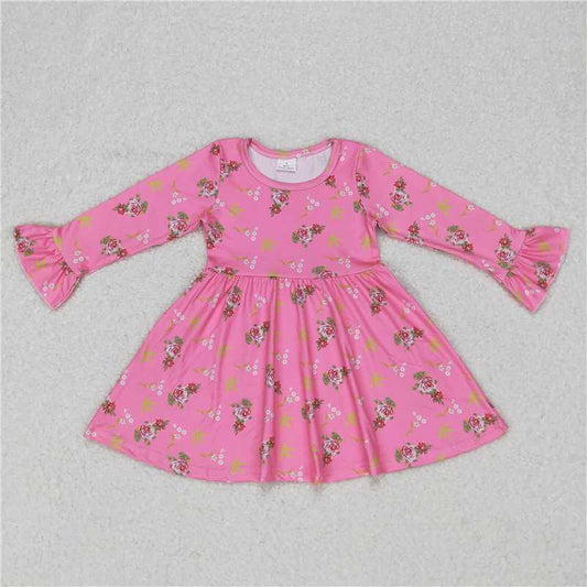 9.16 RTS NO MOQ （In stock）G6-16; Baby Girls Winter Dress Baby Girls White flowers green leaves pink knee-length Dresses