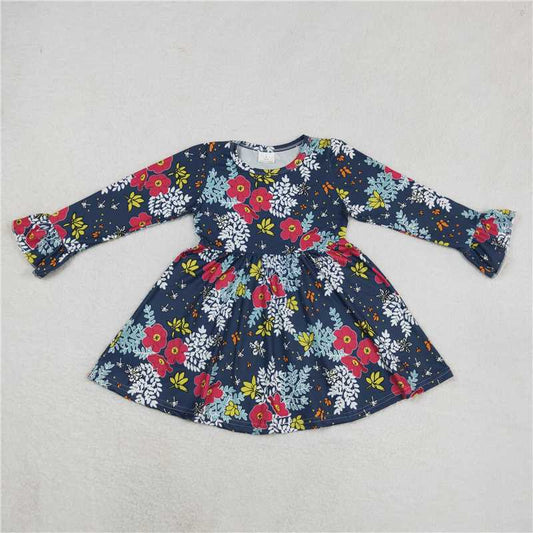 9.15 RTS NO MOQ （In stock）G6-11-6, Baby Girls Winter Dress Baby Girls long sleeve Rose red flower basket white leaves blue knee-length Dresses