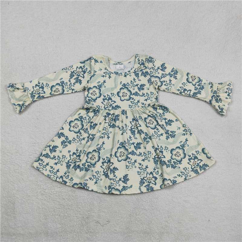 9.16 RTS NO MOQ （In stock）G6-11-5, Baby Girls Winter Dress Baby Girls blue flowers and beige leaves knee-length Dresses