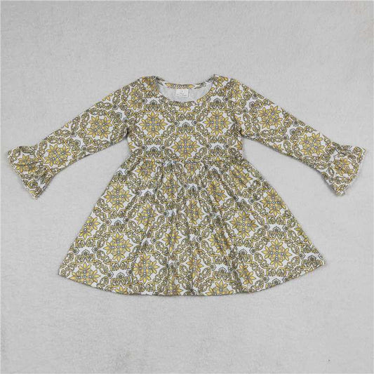 9.15 RTS NO MOQ （In stock）G6-11-4. Baby Girls Winter Dress Baby Girls Yellow pattern knee-length Dresses