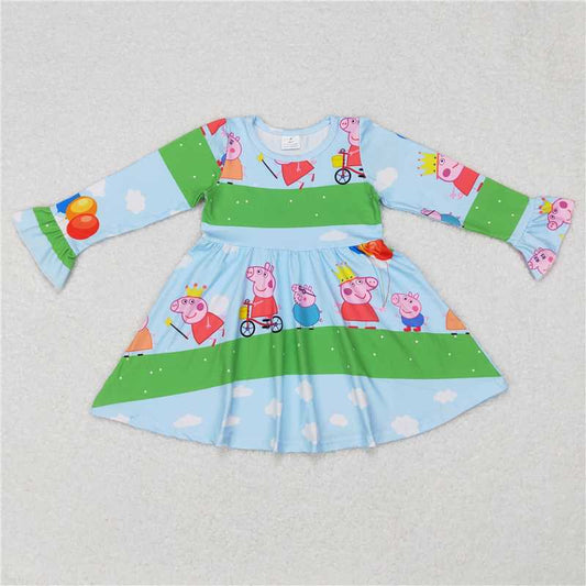 9.20 RTS NO MOQ（In stock）G6-11-3. Baby Girls Winter Dress Peppa Pig sky blue long sleeve dress