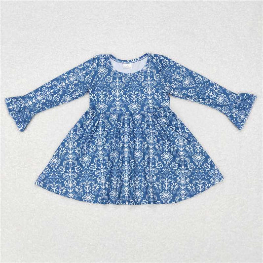 9.18 RTS NO MOQ（In stock）G6-11-3' Baby Girls Winter Dress White pattern blue long-sleeved dress