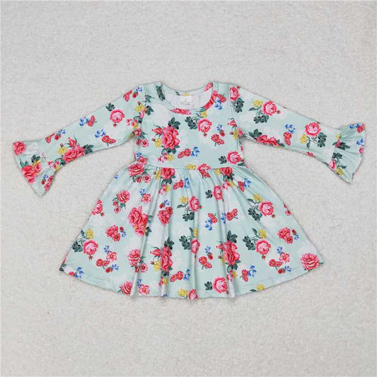 9.17 RTS NO MOQ（In stock）G6-11-3'' Baby Girls Winter Dress Baby Girls Pink flowers light green knee-length Dresses