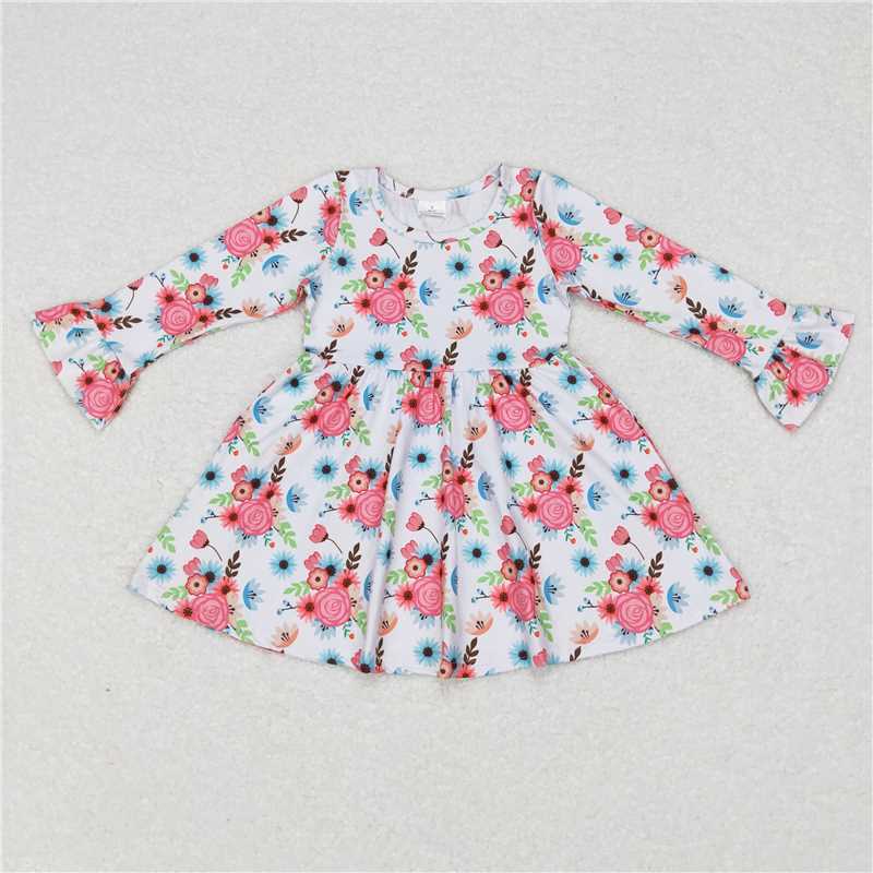 9.18 RTS NO MOQ（In stock）G6-11-2, Baby Girls Winter Dress Powder blue floral long-sleeved dress with white