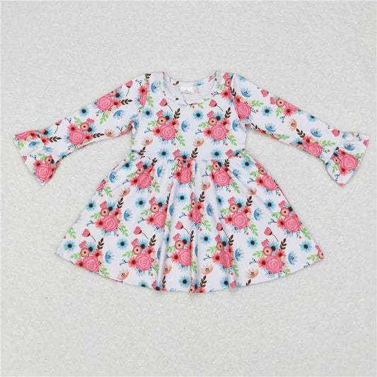 9.18 RTS NO MOQ（In stock）G6-11-2, Baby Girls Winter Dress Powder blue floral long-sleeved dress with white
