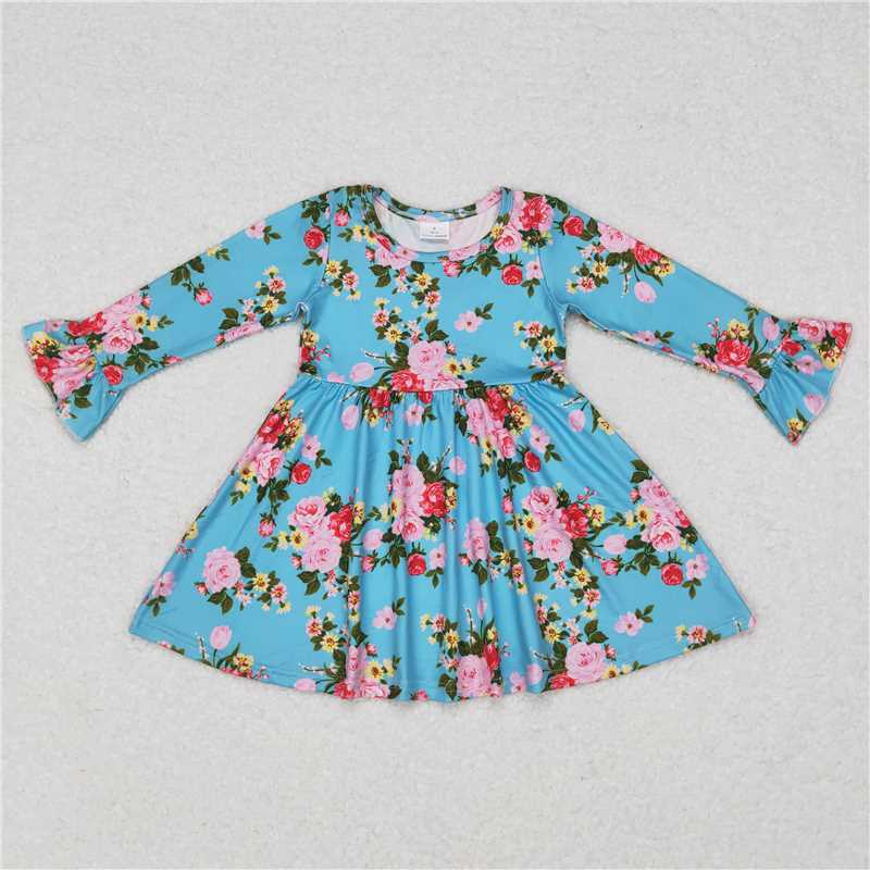 9.18 RTS NO MOQ（In stock）G6-11-2/ Baby Girls Winter Dress Pink and yellow floral blue long-sleeved dress