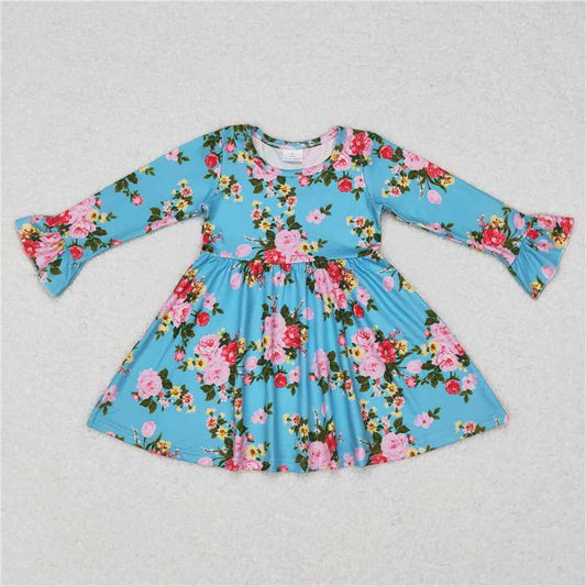 9.18 RTS NO MOQ（In stock）G6-11-2/ Baby Girls Winter Dress Pink and yellow floral blue long-sleeved dress