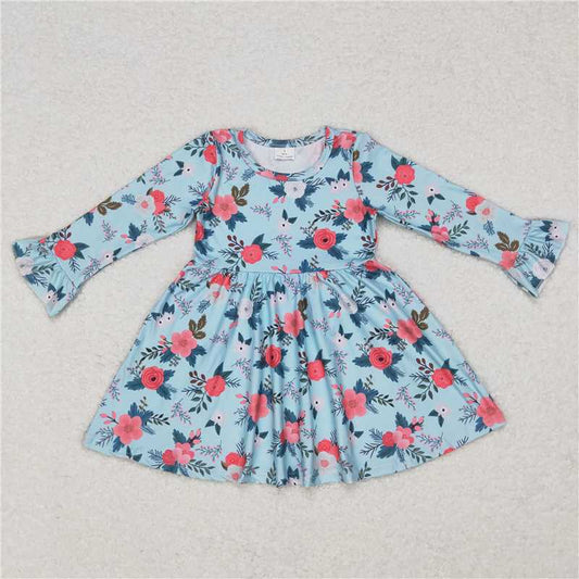 9.22 RTS NO MOQ（In stock）G6-11-2\ Baby Girls Winter Dress Pink gray floral blue leaf blue long-sleeved dress