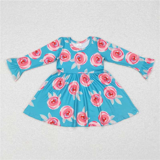 9.22 RTS NO MOQ（In stock）G6-11-1, Baby Girls Winter Dress Pink Flower Blue Long Sleeve Dress