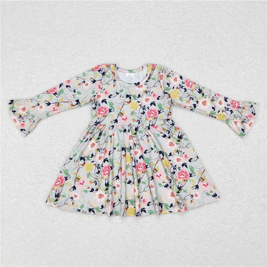 9.18 RTS NO MOQ（In stock）G6-11-1. Baby Girls Winter Dress Colorful floral black leaf light green long-sleeved dress