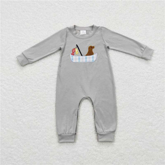 RTS LR0690 Embroidered Puppy Fishing Blue Plaid Long Sleeve Bodysuit