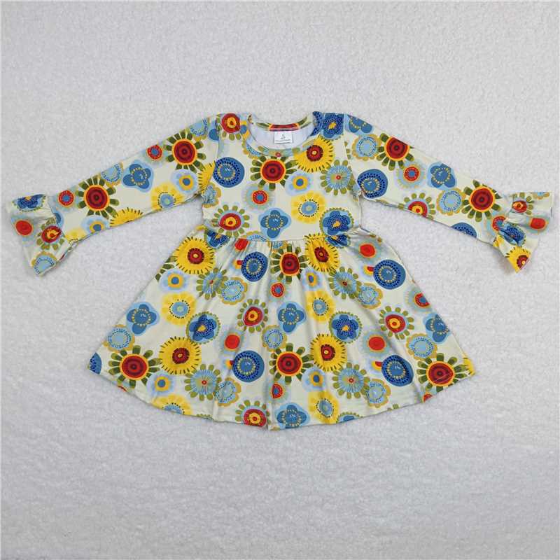 9.30 RTS NO MOQ（In stock）G6-1-4 Baby Girls Winter Dress Colorful circle flower light yellow long-sleeved dress