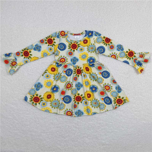 9.30 RTS NO MOQ（In stock）G6-1-4 Baby Girls Winter Dress Colorful circle flower light yellow long-sleeved dress