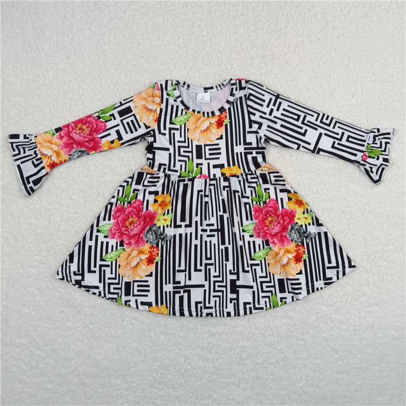 9.27 RTS NO MOQ（In stock）G6-1-4. Baby Girls Winter Dress Pink and yellow floral striped long-sleeved dress