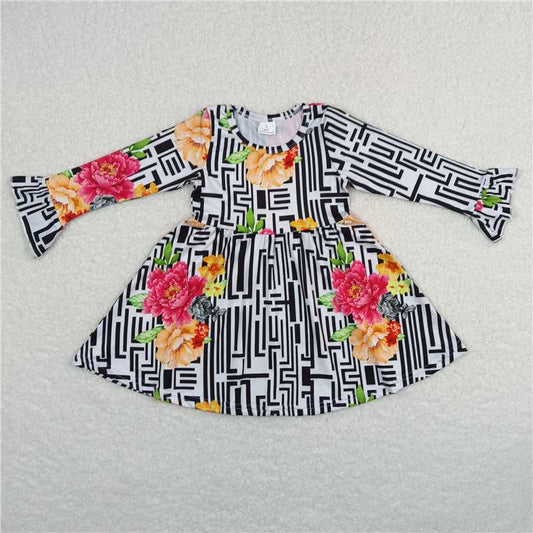 9.27 RTS NO MOQ（In stock）G6-1-4. Baby Girls Winter Dress Pink and yellow floral striped long-sleeved dress