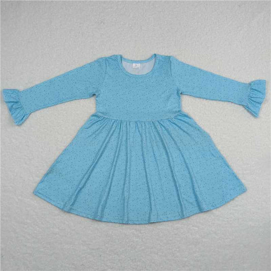 9.30 RTS NO MOQ（In stock）G6-1-4[ Baby Girls Winter Dress Blue long-sleeved dress with blue, purple and black dots