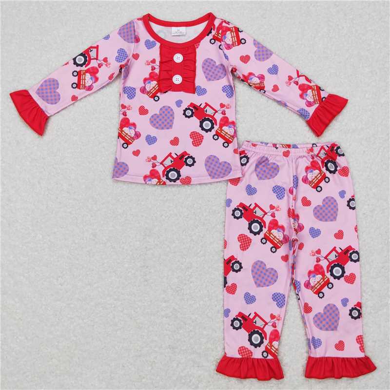 GLP0904Heart truck ruffle long sleeves girls valentine's pajamas