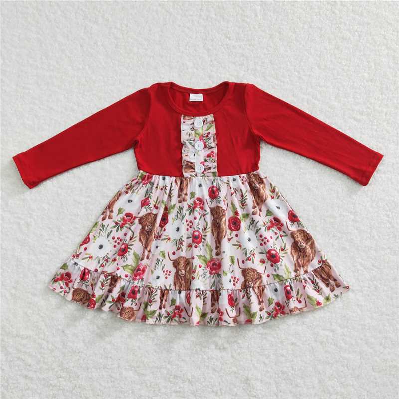 GLD0322 Baby Girls Christmas Ruffle Cows Knee Length Dresses