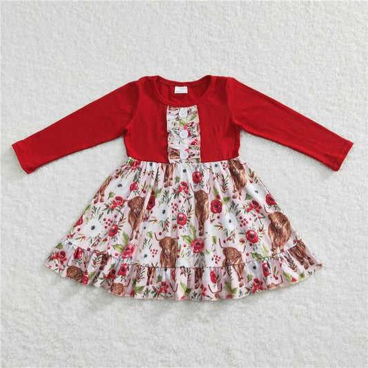 GLD0322 Baby Girls Christmas Ruffle Cows Knee Length Dresses