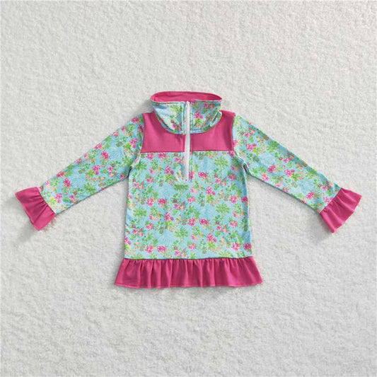 GT0299  Baby Girls Green Floral Zip Pullover Tops