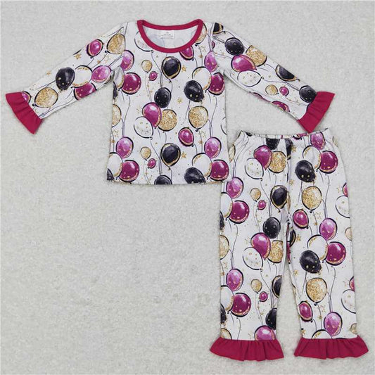 GLP0819 Happy new year Girls Colorful Balloon Lace Purple Long Sleeve Pants Suit Girls Pajamas