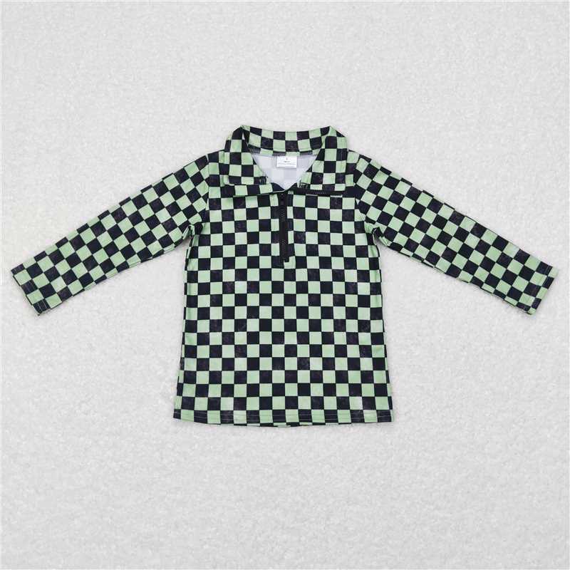 BT0399  Baby Boys Green Checkered Long Sleeve Zip Pullovers Tops
