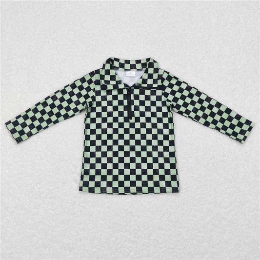 BT0399  Baby Boys Green Checkered Long Sleeve Zip Pullovers Tops