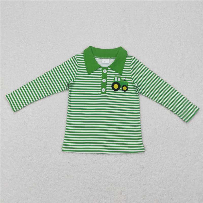 BT0405   Baby Boys Green Stripes Tractor Tee Shirts Pullovers Tops