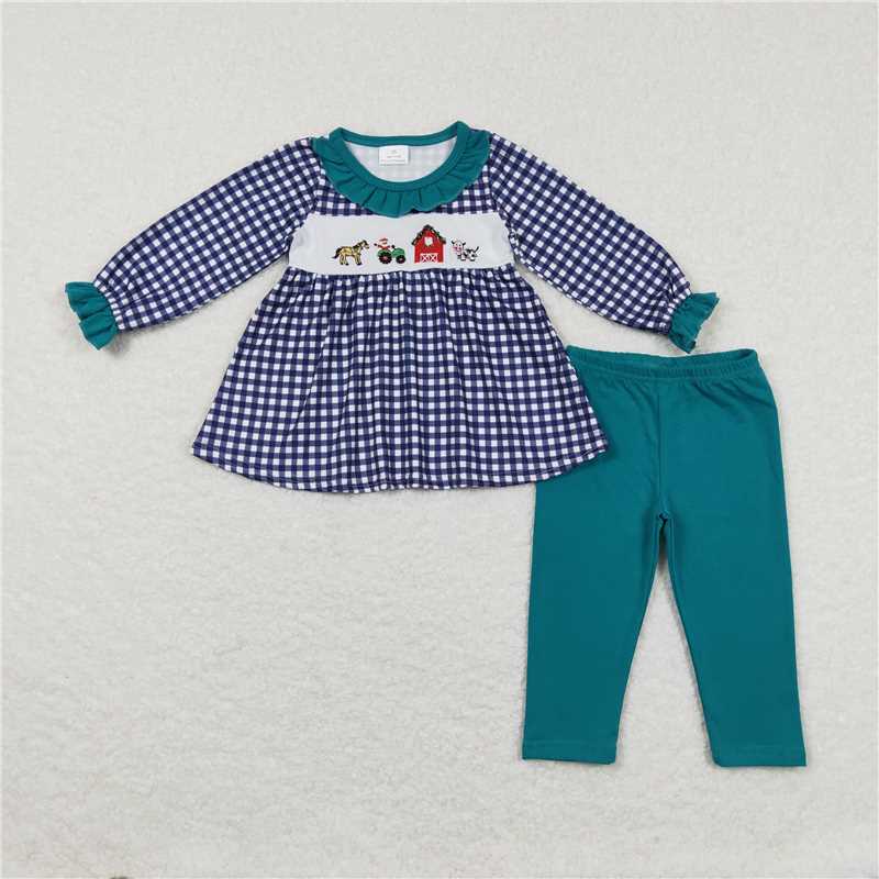 11.14 RTS NO MOQ （In stock）Matching GLP0885 Baby Girls Green Gingham Farm Tunic Top Legging Clothes Sets