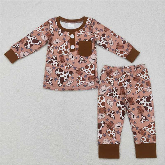 BLP0347Brown cow hat boots kids boy pajamas