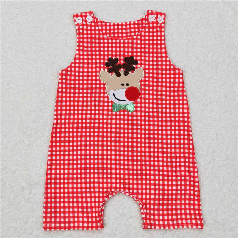 SR0409 Baby Infant Christmas Deer Red Checkered Sleeveless Rompers