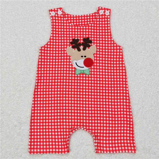 SR0409 Baby Infant Christmas Deer Red Checkered Sleeveless Rompers