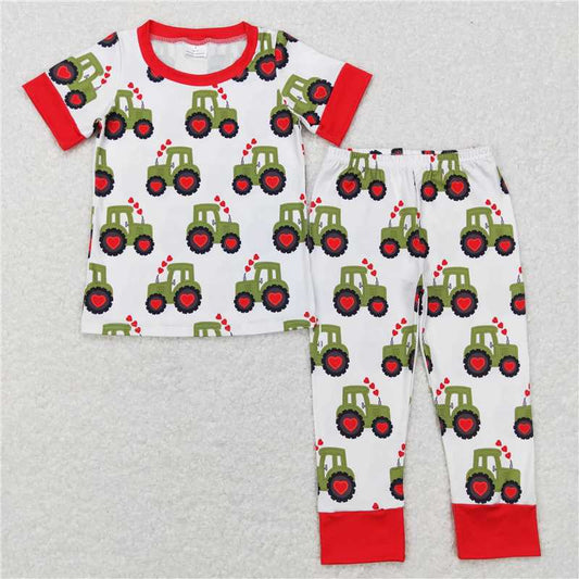 BSPO0200 Baby Boys Valentines Hearts Tractors Shirt Pants Pajamas Clothes Sets