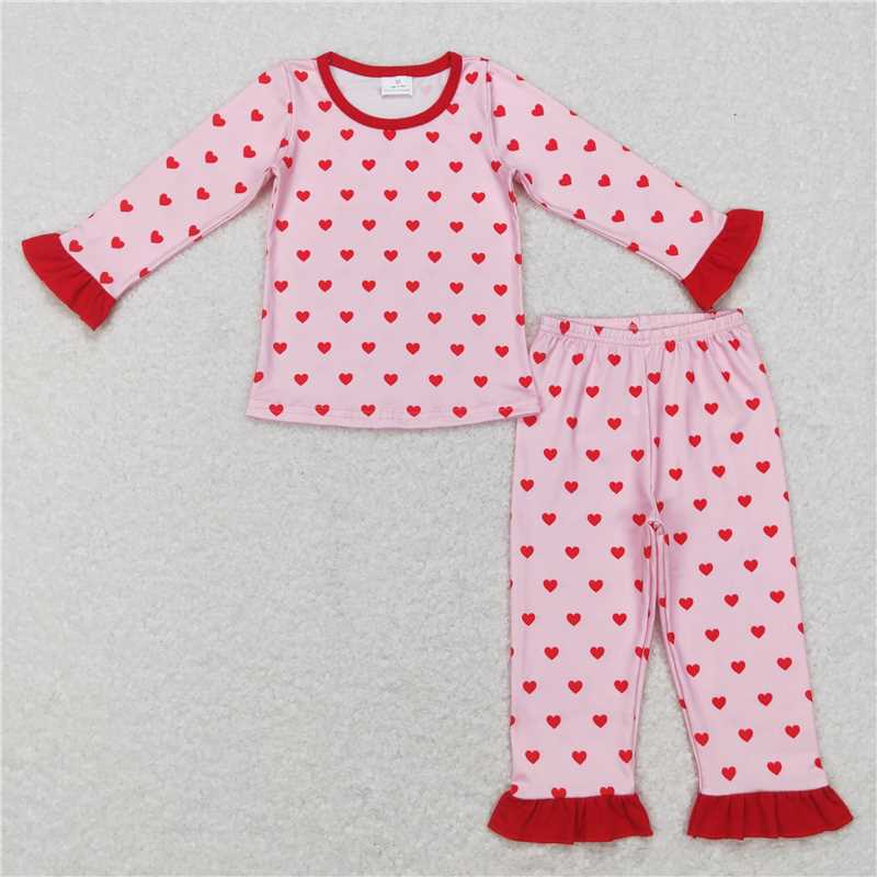 GLP0864 Pink heart ruffle long sleeves girls Valentine's day pajamas