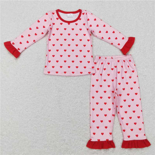 GLP0864 Pink heart ruffle long sleeves girls Valentine's day pajamas