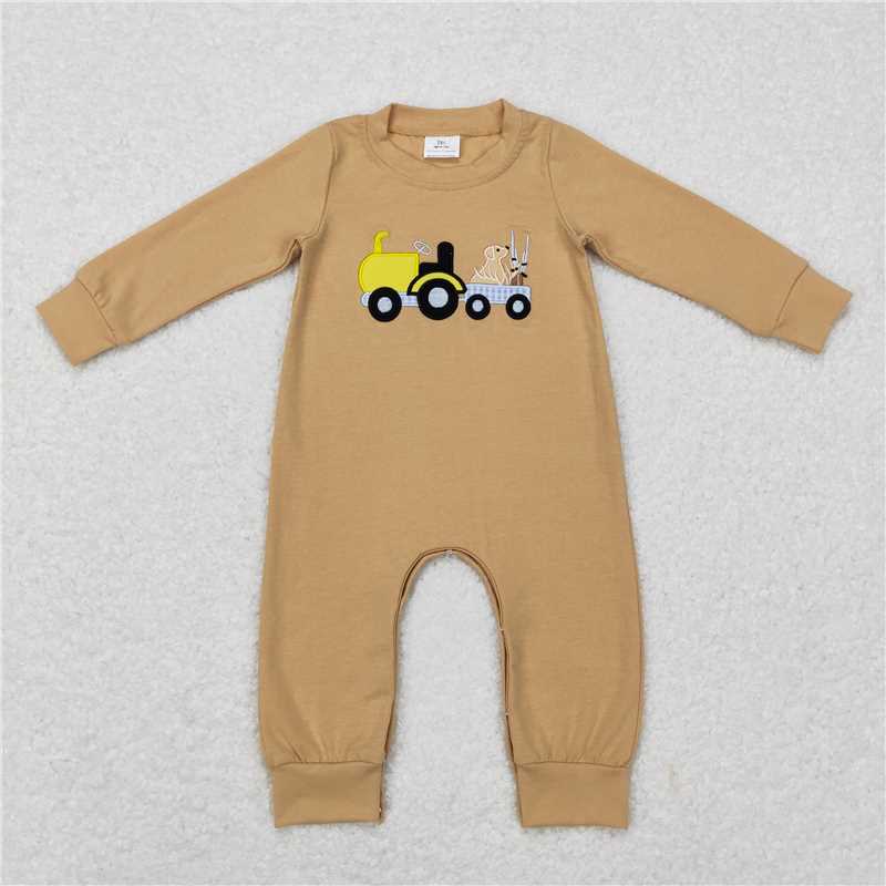 RTS LR0729 Embroidered Puppy Shotgun Trucker Brown Long Sleeve Onesie