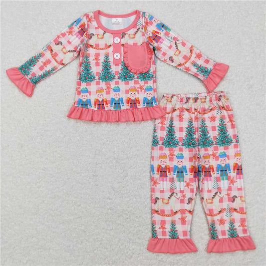 GLP0749 Cartoon Soldier Nutcracker Plaid Pink Lace Long Sleeve Pants Set