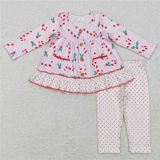 GLP0975 Candy Cane Pocket Button Pink Long Sleeve Polka Dot White Pants Suit