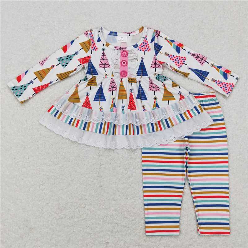 12.10 RTS NO MOQ （In stock）GLP0953 Baby Girls Christmas Colorful Lace Tree Tunic Stripes Legging Clothing Sets
