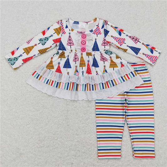 12.10 RTS NO MOQ （In stock）GLP0953 Baby Girls Christmas Colorful Lace Tree Tunic Stripes Legging Clothing Sets