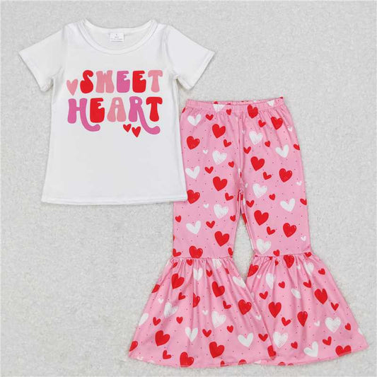 GSPO0984 sweet heart letter white short-sleeved heart pink trousers suit